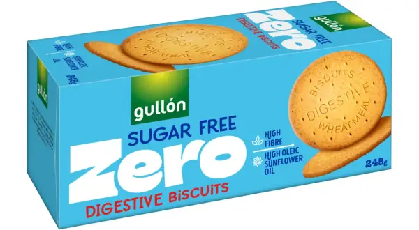 Opakowanie ciastek Gullón Zero Sugar Free Digestive Biscuits z dwoma ciastkami na wierzchu.