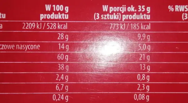 Tabela wartości odżywczych produktu z podziałem na 100g, porcję i % RWS.